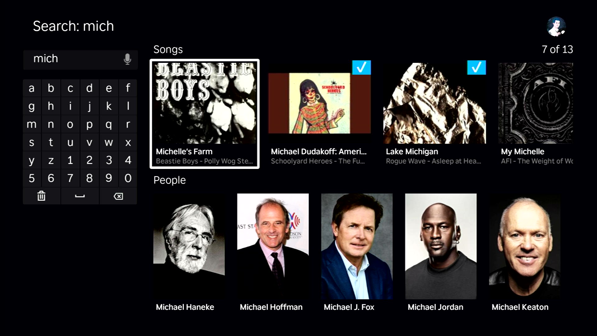 Resultados de búsqueda mostrando canciones y personas