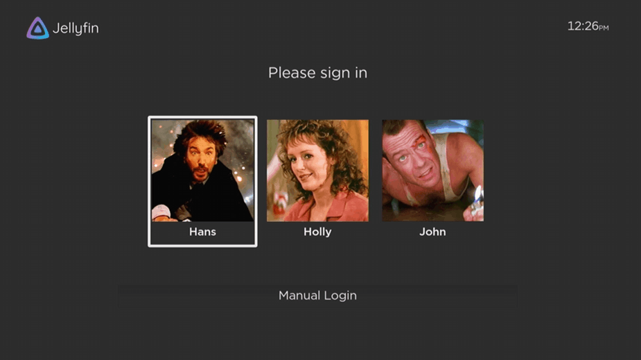Screenshot van het gebruikerselectiescherm in de Jellyfin Roku-app