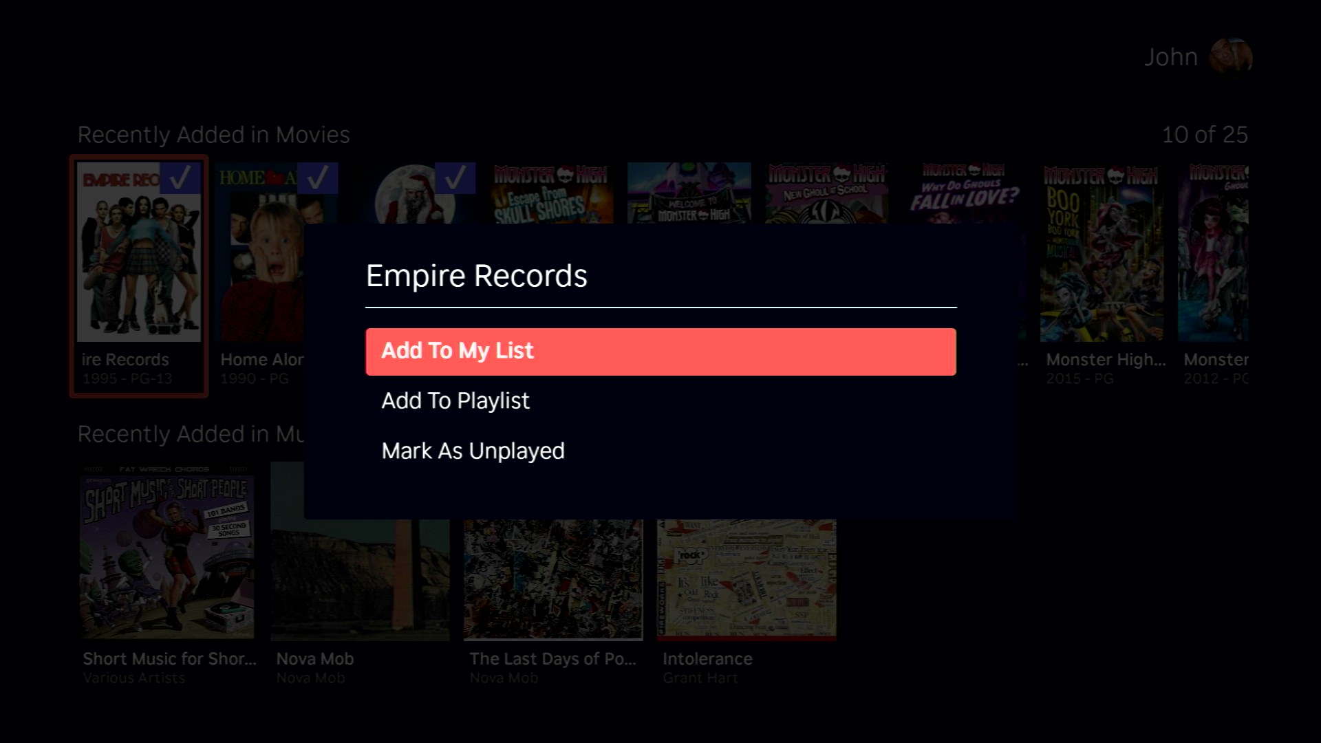 选项菜单，当您选中一个项目并按下 * 按钮时显示