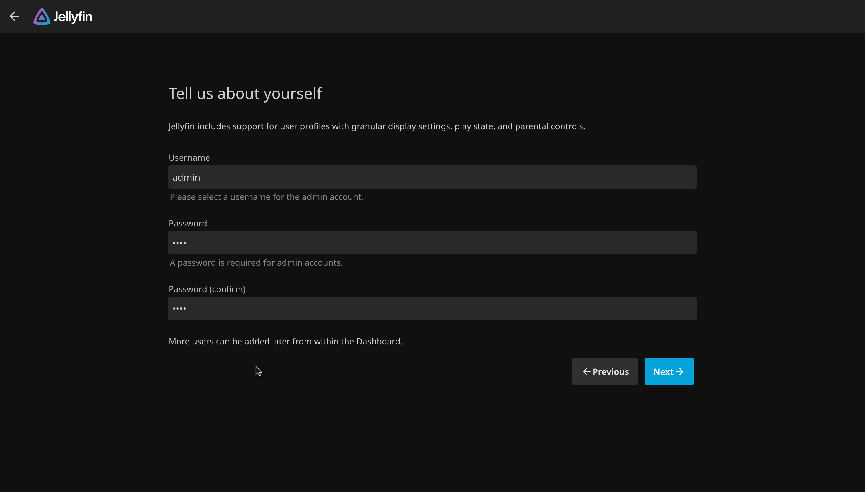 设置向导管理员账户页面